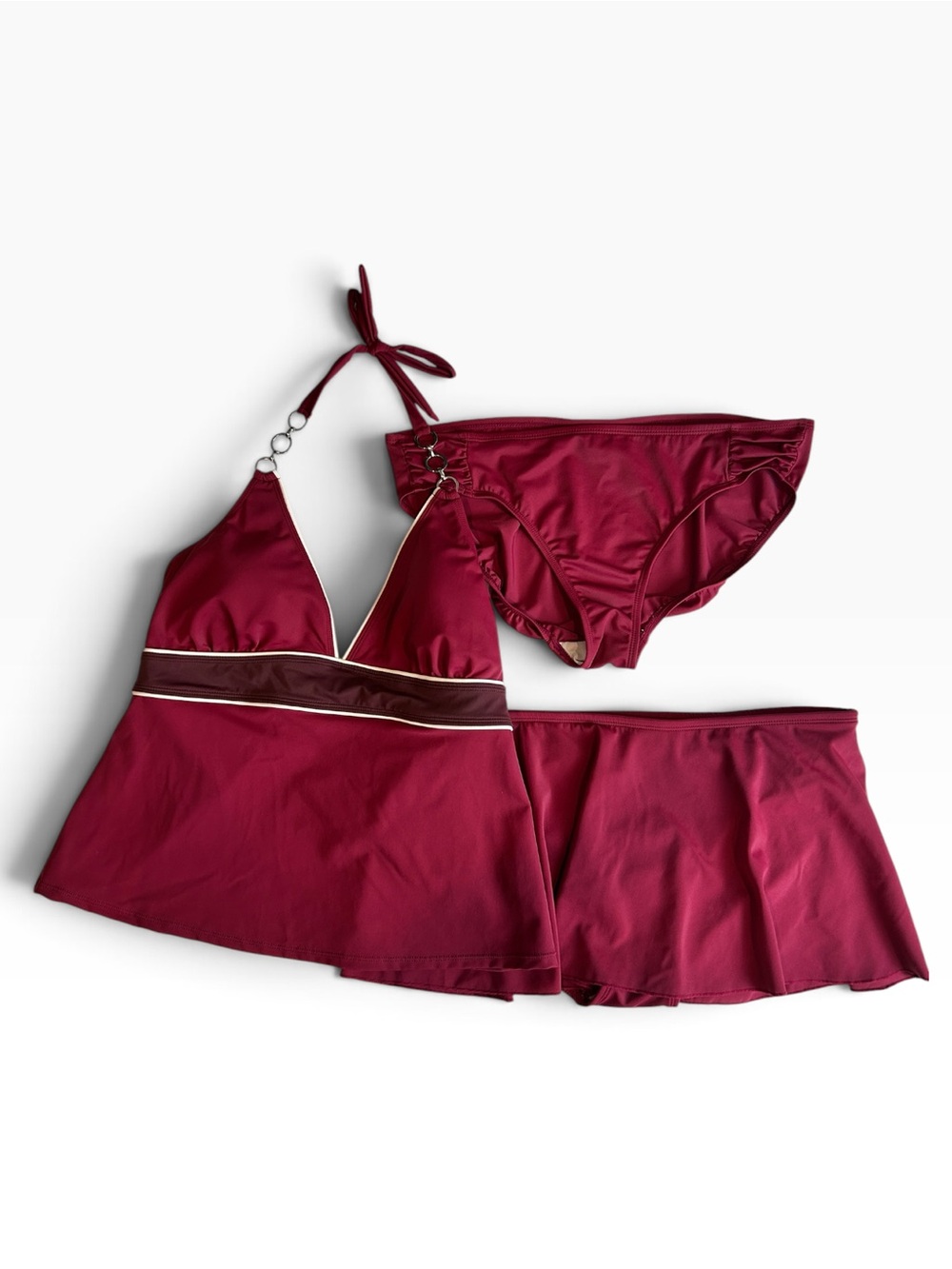 Merona Burgundy 3‑Piece Tankini Swim Set Large Halter Ring Detail Bottoms Skirt